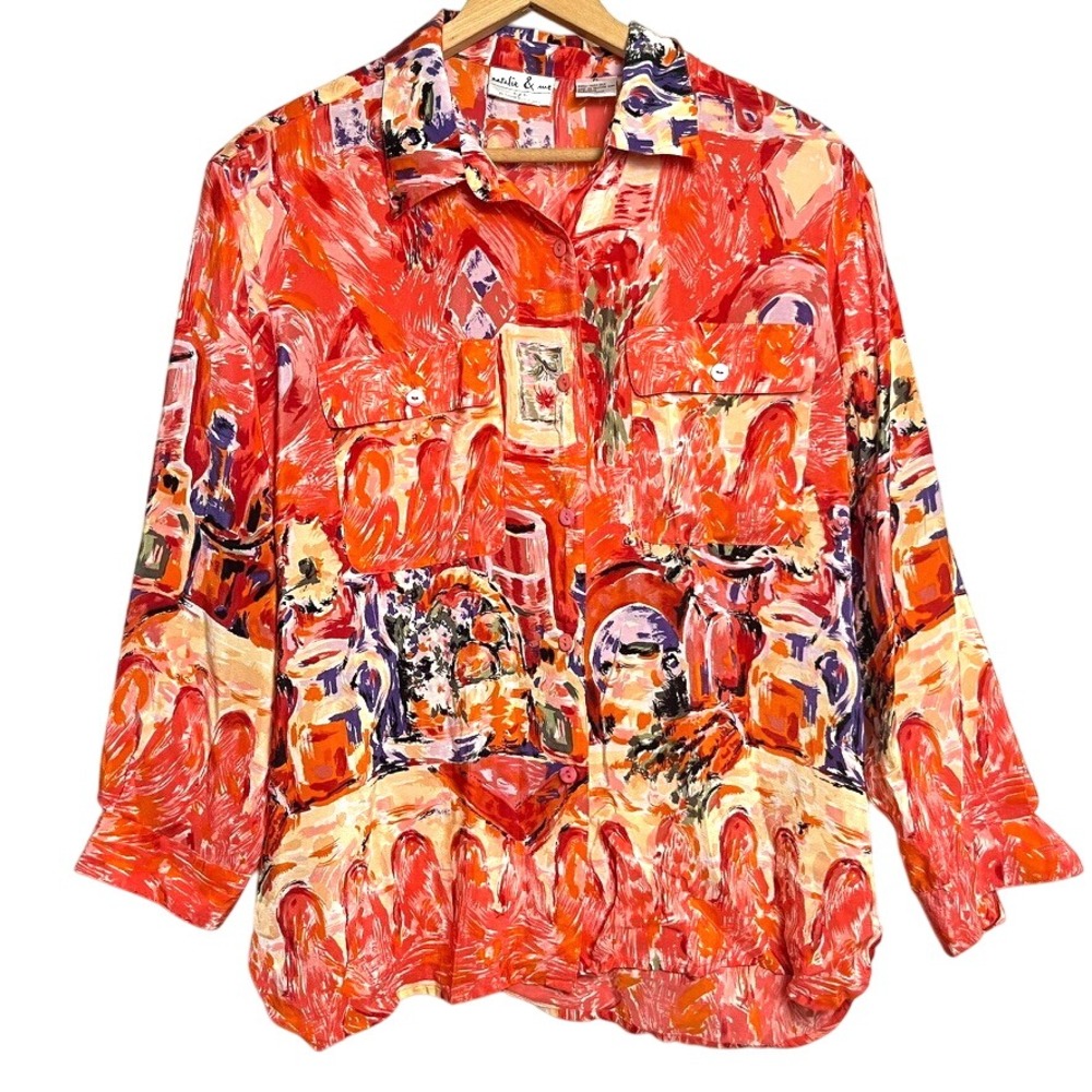 Vintage Natalie & Me 100% Silk Button Down Abstract Shirt Top Women's Petite‎ L